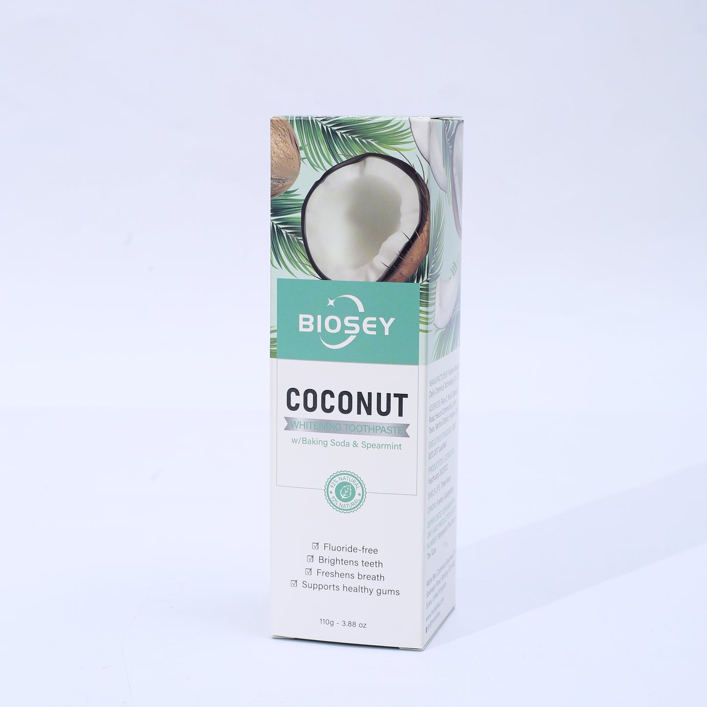 Coconut Whitening Toothpaste - w/Baking Soda & Spearmint - 92% Natural